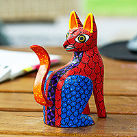 Wood alebrije figurine, 'Colorful Fox' - Hand-Carved and Hand-Painted Wood Fox Alebrije Figurine