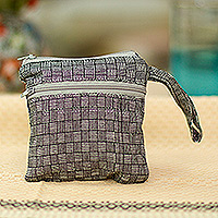 Cotton coin purse, 'Frugal Weave' - Black and White Basket Weave Patterned Cotton Coin Purse