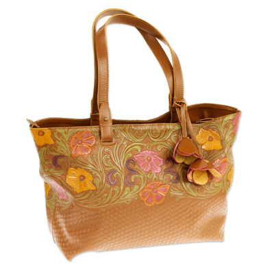 Leather Handbag with Floral Accents