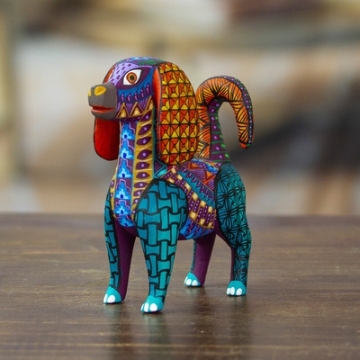 Wood alebrije figurine, 'Multicolored Dog' - Colorful Wood Alebrije Dog Figurine Hand-Painted in Mexico