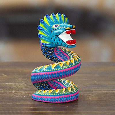 Wood alebrije figurine, 'Majestic Quetzalcoatl' - Hand-Painted Wood Alebrije Quetzalcoatl Serpent Figurine