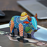Wood alebrije figurine, 'Invincible Bull' - colourful Hand-Painted Mexican Wood Alebrije Bull Figurine