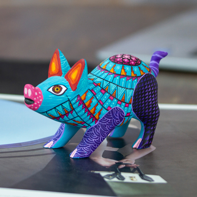 Wood alebrije figurine, 'Playful Pig' - colourful Wood Alebrije Pig Figurine Hand-Painted in Mexico