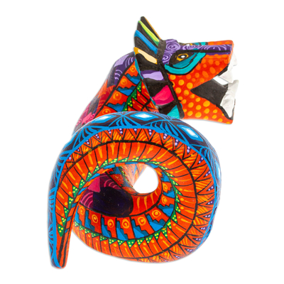 Wood alebrije figurine, 'Orange Quetzalcoatl Spirit' - Painted Orange and Blue Quetzalcoatl Copal Wood Figurine