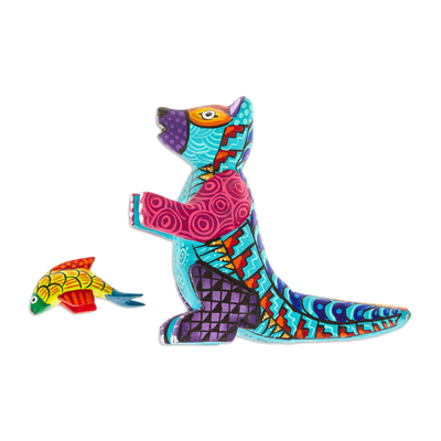 Wood alebrije figurine, 'Turquoise River Days' - Handcrafted Turquoise Copal Wood Otter and Fish Figurine