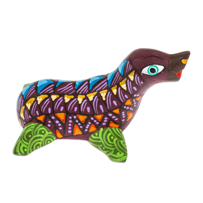 Wood alebrije figurine, 'Seal in the Purple Sea' - Traditional Alebrije Copal Wood Figurine of Purple Seal