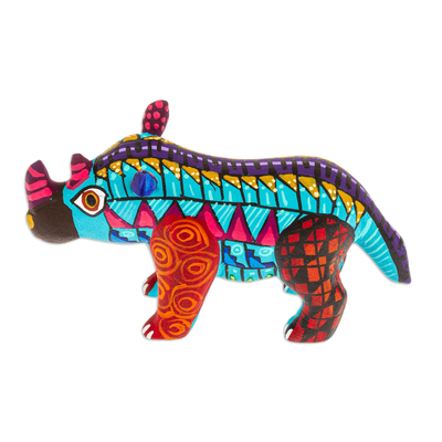 Wood alebrije figurine, 'Aquamarine Rhino' - Alebrije Rhino Copal Wood Figurine Painted in Aquamarine