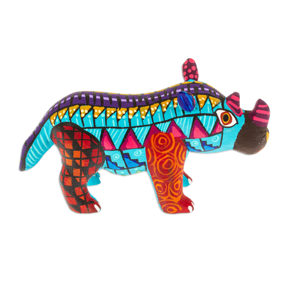 Figurilla de alebrije de madera - Alebrije Rinoceronte Figura de Madera Copal Pintada en Aguamarina