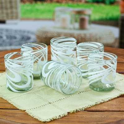 Handblown rocks glasses, 'Whirling White' (set of 6) - Set of 6 Eco-Friendly Handblow White Rocks Glasses