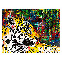 „Farben des Dschungels“ – Signiertes expressionistisches Ölgemälde eines Jaguars mit Dschungelmotiv