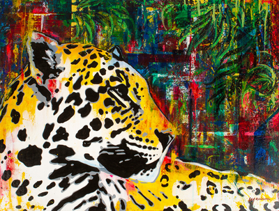 'Colors of the Jungle' - Pintura al óleo expresionista con temática de la selva de un jaguar firmada