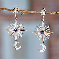 Pendientes colgantes de amatista, 'Constelación de la Salvia' - Pendientes colgantes con temática de estrella y luna con joyas de amatista