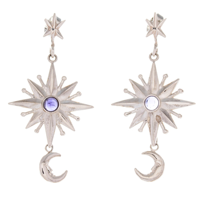 Pendientes colgantes de amatista - Aretes colgantes con temática de estrella y luna con joyas de amatista
