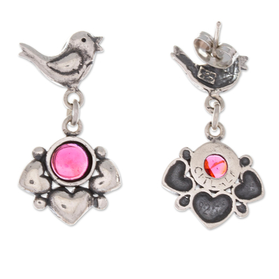 Garnet dangle earrings, 'Passion Chant' - Romantic Bird and Heart-Themed Garnet Dangle Earrings