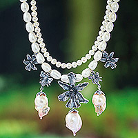 Cultured pearl strand pendant necklace, 'Cream Venus' - Floral and Bee Cultured Pearl Necklace in Cream and White