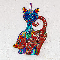 Ceramic wall art, 'Feline Blue and Red' - Cat-Themed Blue and Red Ceramic Wall Art from Mexico