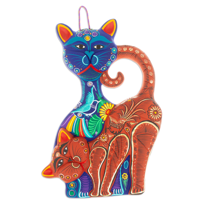 Ceramic wall art, 'Feline Blue and Red' - Cat-Themed Blue and Red Ceramic Wall Art from Mexico