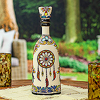 Ceramic decanter, 'Cocktail Catcher' - Dreamcatcher-Themed Hand-Painted Ceramic Decanter with Cork