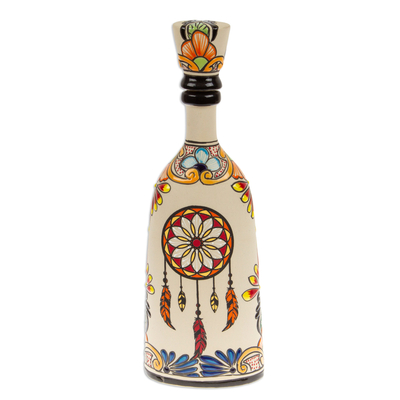Decantador de cerámica - Decantador de cerámica pintado a mano con temática de atrapasueños con corcho