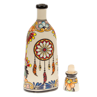 Ceramic decanter, 'Cocktail Catcher' - Dreamcatcher-Themed Hand-Painted Ceramic Decanter with Cork