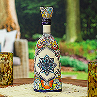 Ceramic decanter, 'Talavera Flavors' - Mandala and Floral-Themed Hand-Painted Blue Ceramic Decanter