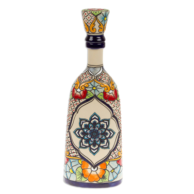 Ceramic decanter, 'Blue Mandala Flavors' - Mandala and Floral-Themed Hand-Painted Blue Ceramic Decanter