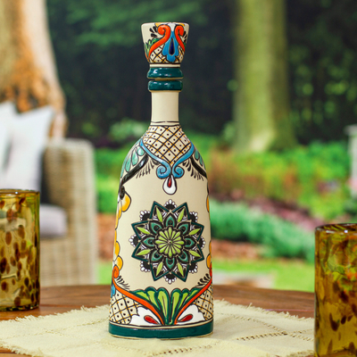 Decantador de cerámica - Decantador de cerámica verde pintado con motivos florales y mandalas
