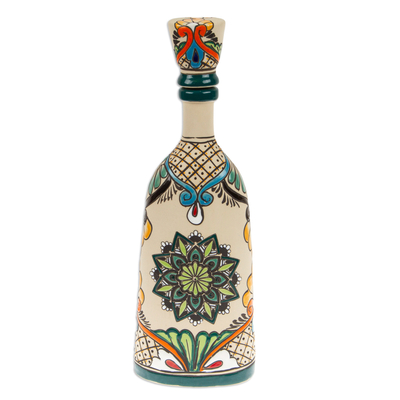 Ceramic decanter, 'Green Mandala Flavors' - Mandala and Floral-Themed Painted Green Ceramic Decanter