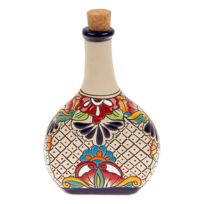 Ceramic decanter, 'Red Hacienda Spirits' - Hacienda-Themed Ceramic Decanter with Red Floral Details
