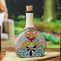 Decantador de cerámica, 'Blue Hacienda Spirits' - Decantador de cerámica con temática de Hacienda y detalles florales azules