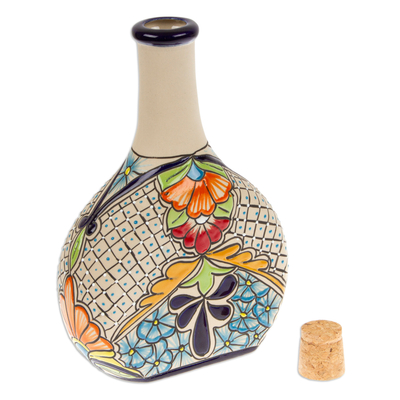 Ceramic decanter, 'Blue Hacienda Spirits' - Hacienda-Themed Ceramic Decanter with Blue Floral Details