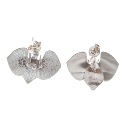 Sterling silver button earrings, 'Butterfly Orchid' - Butterfly Orchid Button Earrings in a Combination Finish