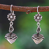 Sterling silver dangle earrings, 'Spring Miracles' - Religious Heart and Flower-Themed Dangle Earrings