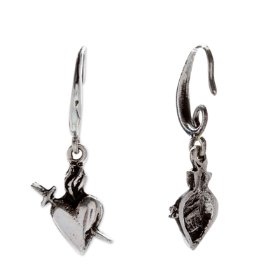 Sterling silver dangle earrings, 'Heavenly Passion' - Religious Heart-Themed Sterling Silver Dangle Earrings