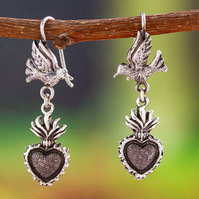 Sterling silver dangle earrings, 'Heaven's Romance' - Sterling Silver Dangle Earrings with Heart and Dove Motifs