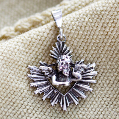 Religious Cherub-Themed Sterling Silver Pendant from Mexico - Cherub\'s Glory  | NOVICA