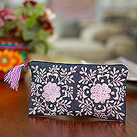 Silk-embroidered satin clutch, 'Garden's Lilac Lights' - Hand-Embroidered Floral Lilac and Midnight Satin Clutch