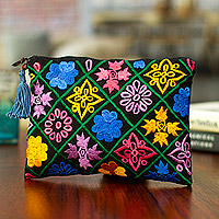 Silk-embroidered satin cosmetic bag, 'Glimmers From the Night' - Silk-Embroidered Floral Satin Cosmetic Bag in Black