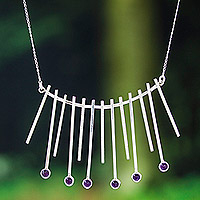 Amethyst waterfall choker necklace, 'Luxury Scepters' - Sterling Silver Waterfall Choker Necklace with Amethyst Gems