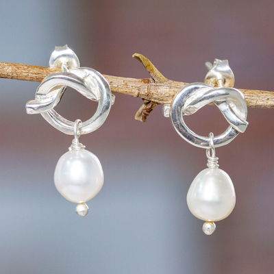 Cultured pearl dangle earrings, 'Pearly Knots' - Polished Sterling Silver Dangle Earrings with White Pearls