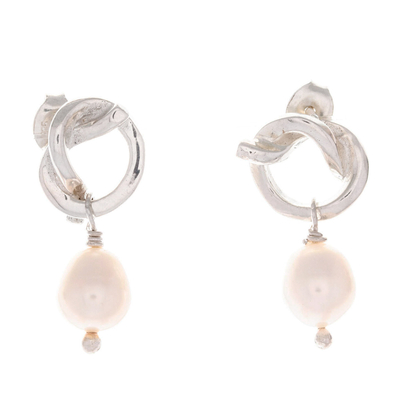 Aretes colgantes de perlas cultivadas - Pendientes colgantes de plata de ley pulida con perlas blancas