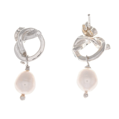 Cultured pearl dangle earrings, 'Pearly Knots' - Polished Sterling Silver Dangle Earrings with White Pearls