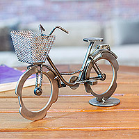 Upcycled metal sculpture, 'Peaceful Routes' - Eco-Friendly Polished Metal Bike Sculpture with Basket