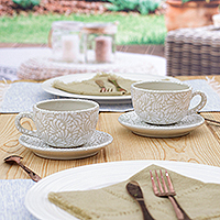 Ceramic cup and saucer set, 'Serene Spring' (4 pieces) - Beige and Ivory Ceramic Cup and Saucer Set (4 Pieces)