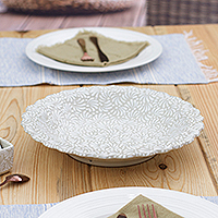 Ceramic serving plate, 'Elysian Spring' - Handcrafted Floral Beige and Ivory Ceramic Serving Plate