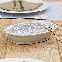 Ceramic Serving Bowl, 'Placid Spring' - Handcrafted Floral Beige and Ivory Ceramic Serving Bowl