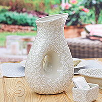 Ceramic pitcher, 'Idyllic Spring' - Handcrafted Floral Beige and Ivory Ceramic Pitcher