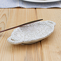 Ceramic butter dish, 'Empyreal Spring' - Handcrafted Floral Beige and Ivory Ceramic Butter Dish