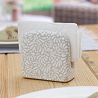 Ceramic napkin holder, 'Paradisiac Spring' - Handcrafted Floral Beige and Ivory Ceramic Napkin Holder