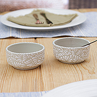 Ceramic condiment bowls, 'Olympian Spring' (pair) - Handcrafted Beige and Ivory Ceramic Condiment Bowls (Pair)